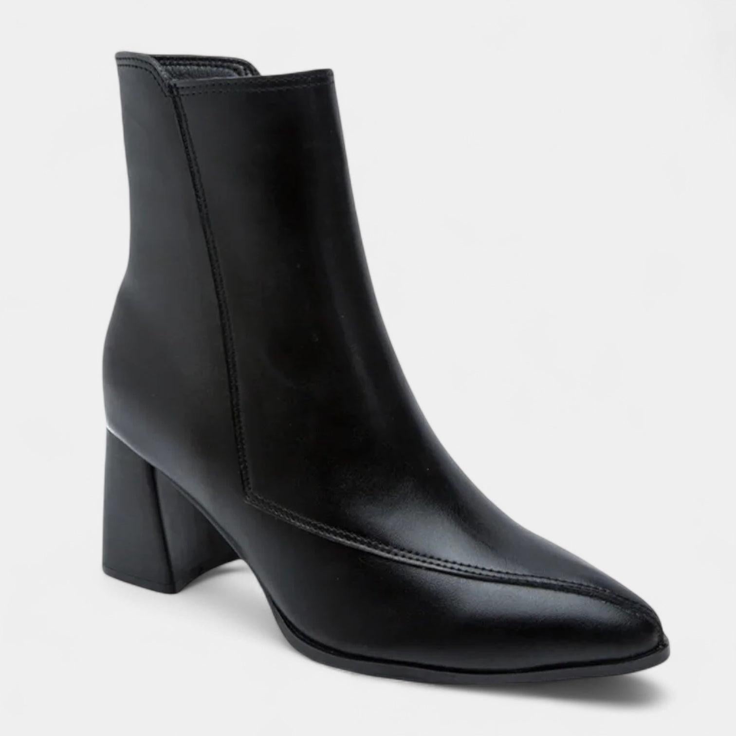 Ankle-High Pointed-Toe Women's Boots with Block Heel and Zig-Zag Stitching for Casual or Dressy Occasions