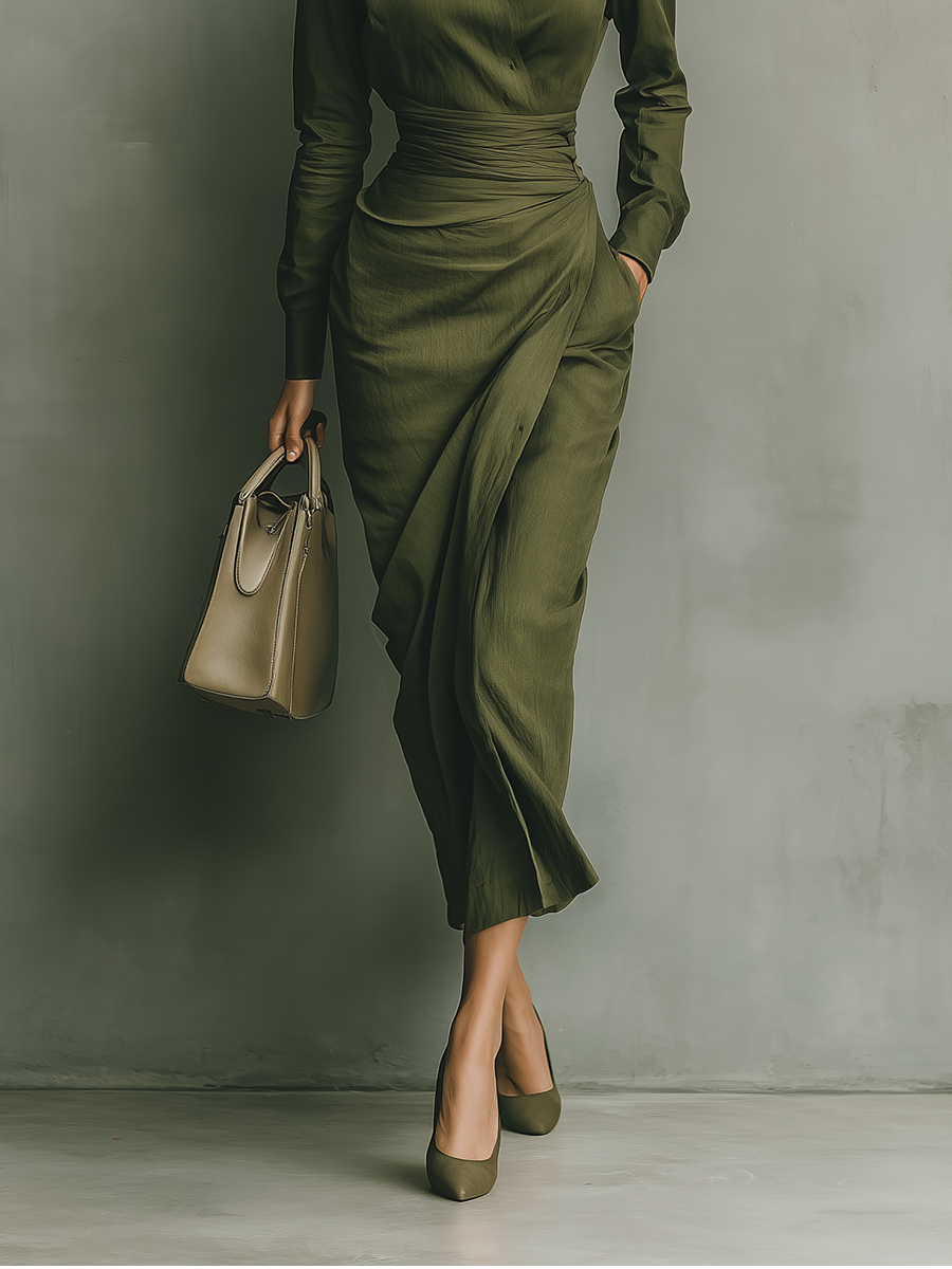Army Green Cotton Blended Maxi Dress Women UK – Wedding Guest Garden Party Evening Gown, Cocktail Attire