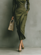 Army Green Cotton Blended Maxi Dress Women UK – Wedding Guest Garden Party Evening Gown, Cocktail Attire