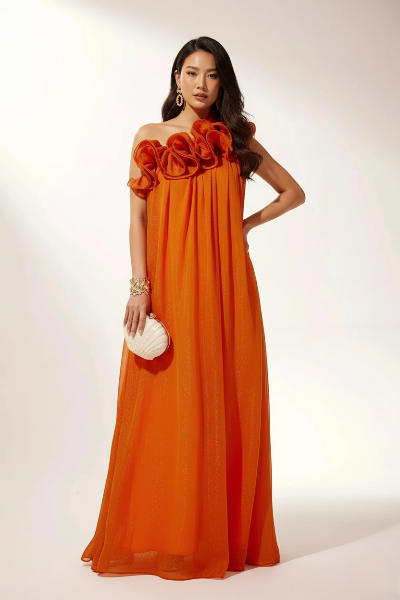 Asymmetric One-Shoulder Floral Evening Gown for Formal Events - Elegant Dress in Lightweight Fabric