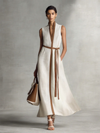 Beige Cotton Linen Maxi Dress Women UK – Sleeveless V-Neck Tie-Waist Dress, Garden Party & Resort Holiday