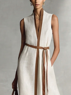 Beige Cotton Linen Maxi Dress Women UK – Sleeveless V-Neck Tie-Waist Dress, Garden Party & Resort Holiday