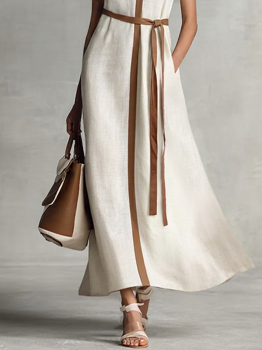 Beige Cotton Linen Maxi Dress Women UK – Sleeveless V-Neck Tie-Waist Dress, Garden Party & Resort Holiday