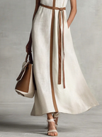 Beige Cotton Linen Maxi Dress Women UK – Sleeveless V-Neck Tie-Waist Dress, Garden Party & Resort Holiday