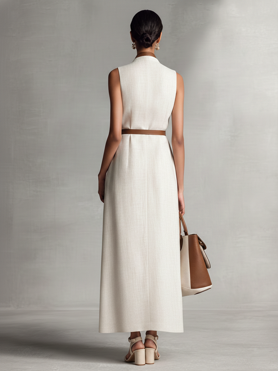 Beige Cotton Linen Maxi Dress Women UK – Sleeveless V-Neck Tie-Waist Dress, Garden Party & Resort Holiday