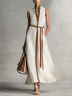 Beige Cotton Linen Maxi Dress Women UK – Sleeveless V-Neck Tie-Waist Dress, Garden Party & Resort Holiday