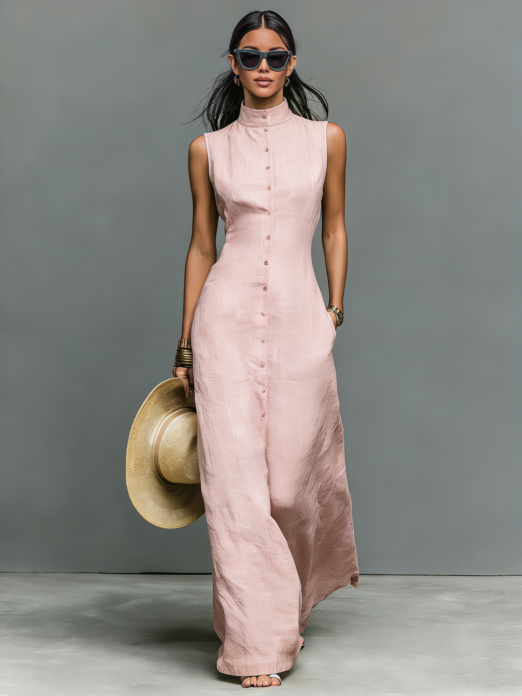 Beige Linen-Blend Sleeveless Maxi Dress Women UK – Wedding Guest Garden Party Evening Gown, Resort Holiday