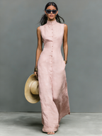 Beige Linen-Blend Sleeveless Maxi Dress Women UK – Wedding Guest Garden Party Evening Gown, Resort Holiday