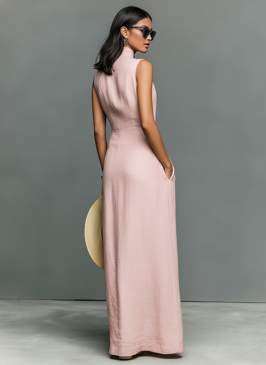 Beige Linen-Blend Sleeveless Maxi Dress Women UK – Wedding Guest Garden Party Evening Gown, Resort Holiday