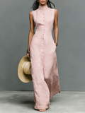 Beige Linen-Blend Sleeveless Maxi Dress Women UK – Wedding Guest Garden Party Evening Gown, Resort Holiday