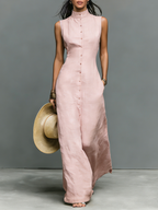 Beige Linen-Blend Sleeveless Maxi Dress Women UK – Wedding Guest Garden Party Evening Gown, Resort Holiday