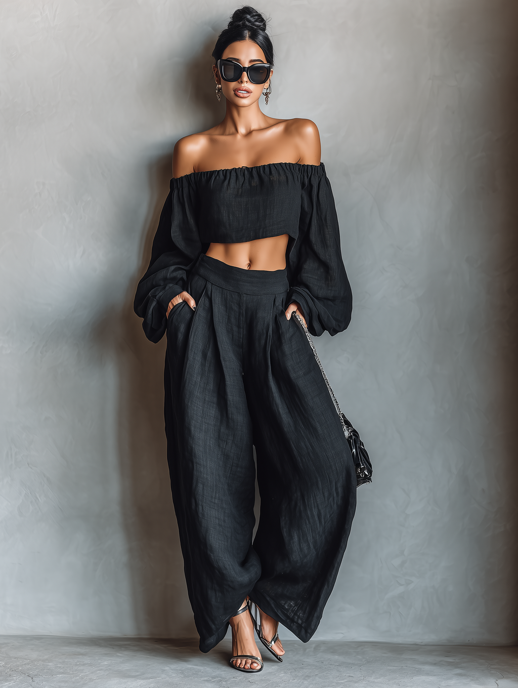 Beige Linen Blend Strapless Blouse and Wide-leg Trousers Set Women UK – Summer Outfit Brunch Holiday Outfit