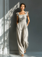 Beige & White Striped Linen-Blend Jumpsuit Women UK – Smart Casual Holiday Wear Cocktail