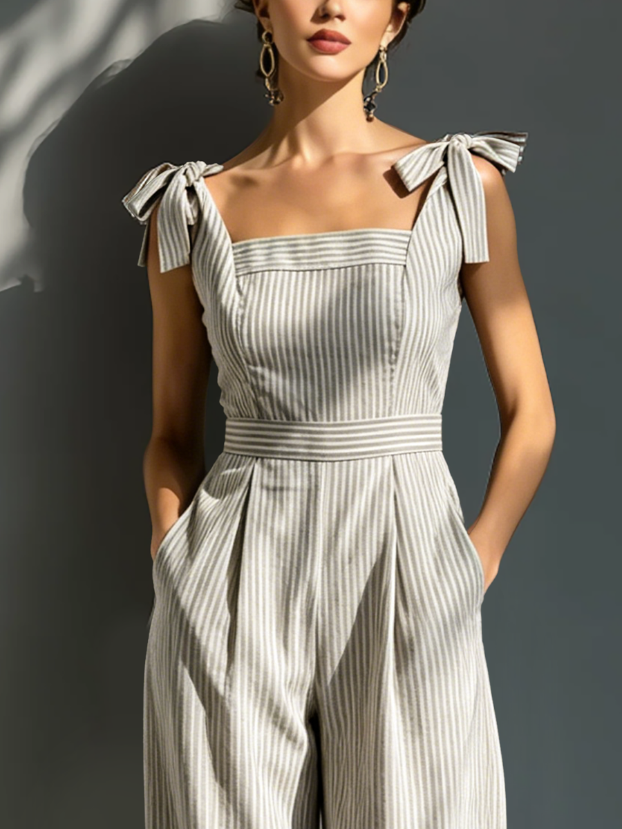 Beige & White Striped Linen-Blend Jumpsuit Women UK – Smart Casual Holiday Wear Cocktail