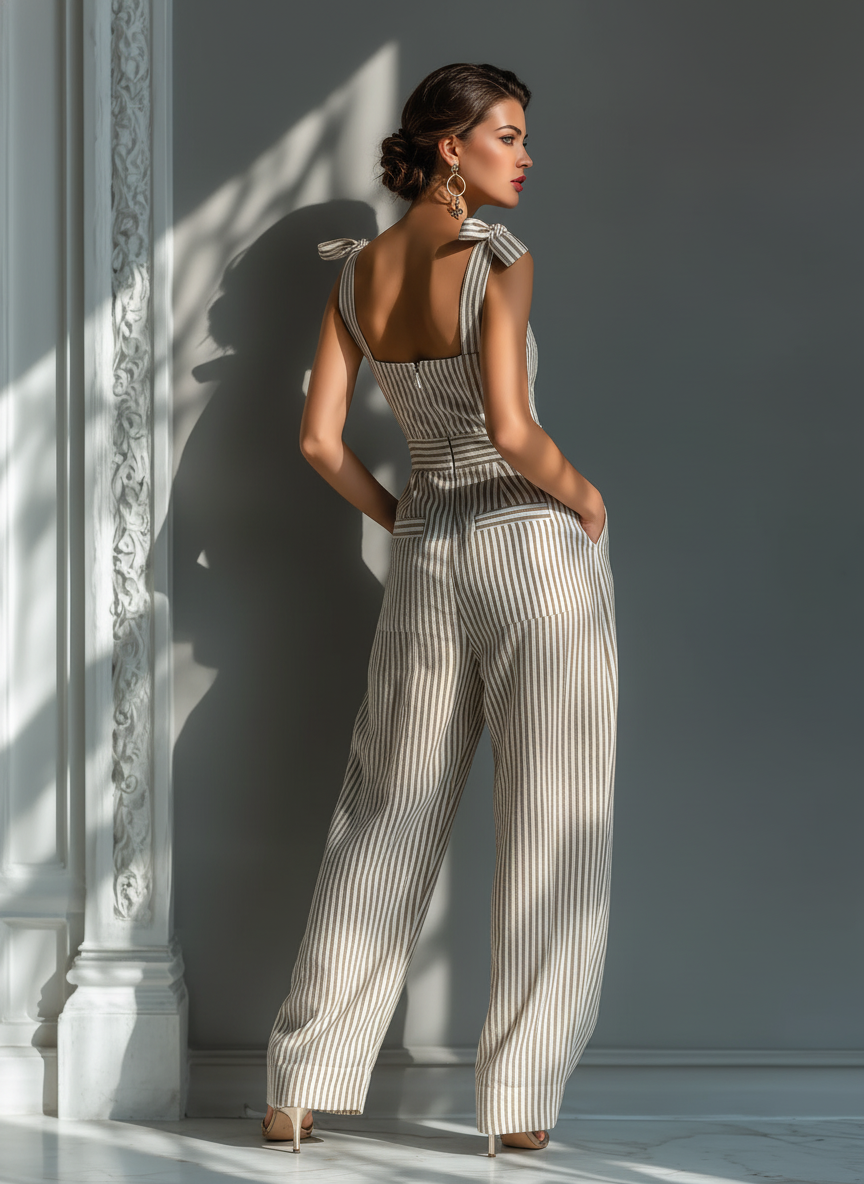 Beige & White Striped Linen-Blend Jumpsuit Women UK – Smart Casual Holiday Wear Cocktail