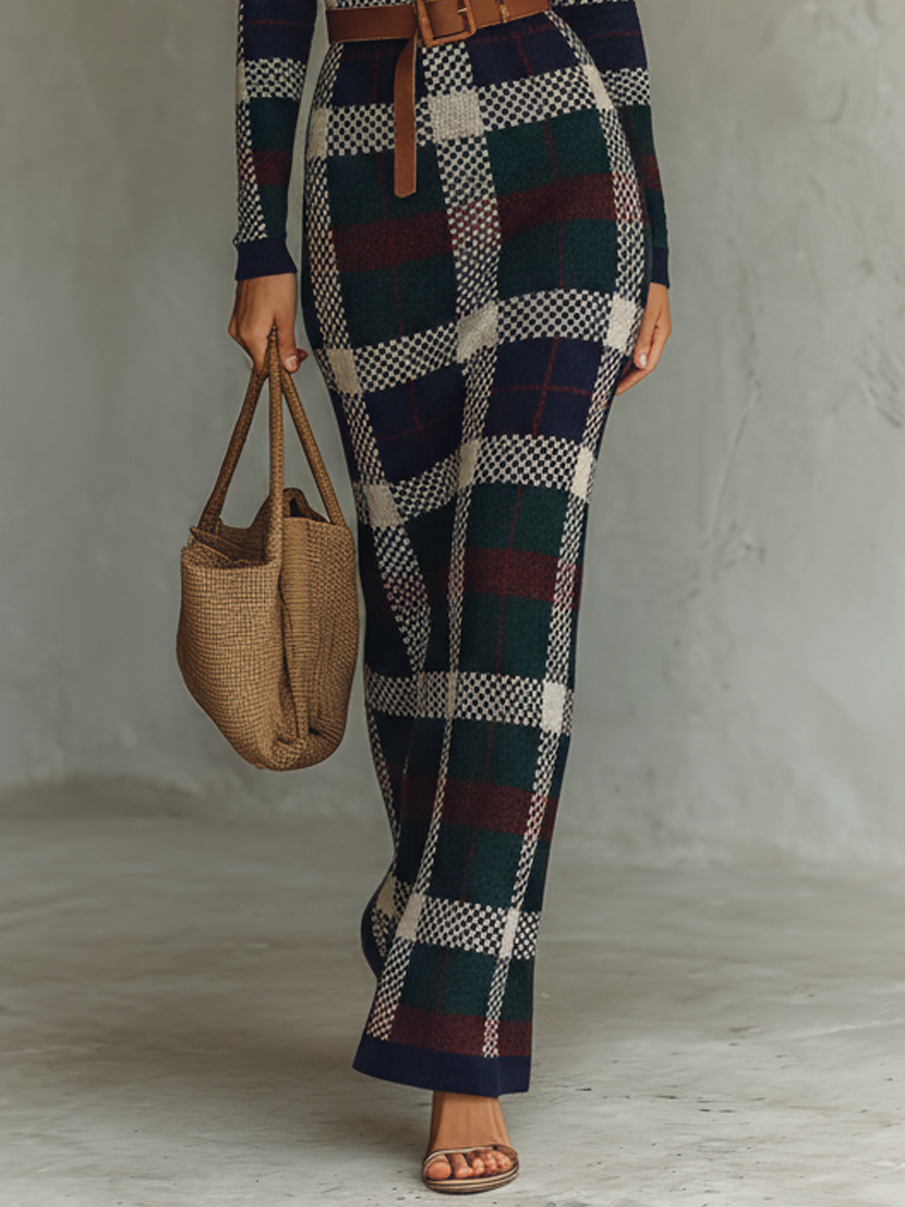 Black Check Knit Belted Square Neck Maxi Dress Women UK – Wedding Guest Garden Party Evening Gown