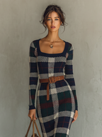 Black Check Knit Belted Square Neck Maxi Dress Women UK – Wedding Guest Garden Party Evening Gown