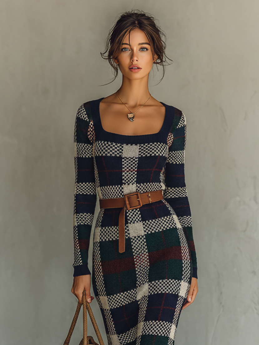 Black Check Knit Belted Square Neck Maxi Dress Women UK – Wedding Guest Garden Party Evening Gown