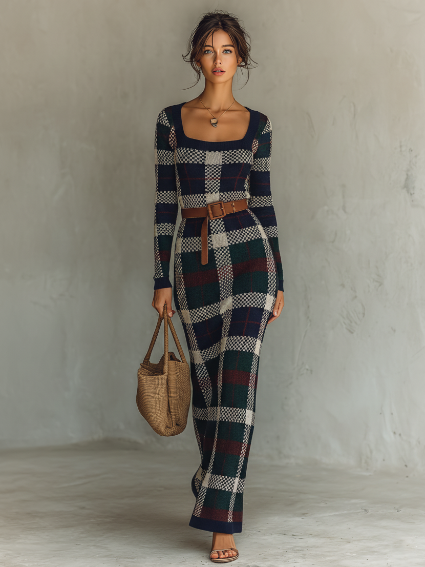 Black Check Knit Belted Square Neck Maxi Dress Women UK – Wedding Guest Garden Party Evening Gown