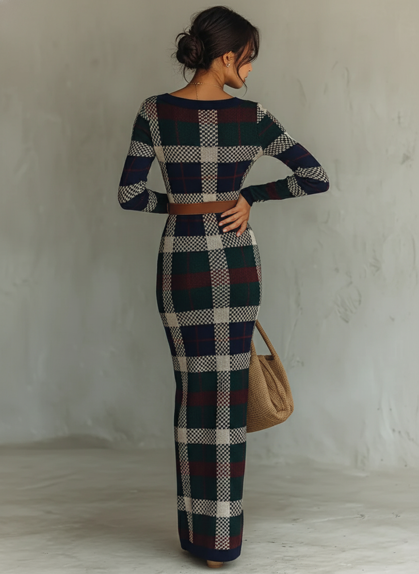 Black Check Knit Belted Square Neck Maxi Dress Women UK – Wedding Guest Garden Party Evening Gown
