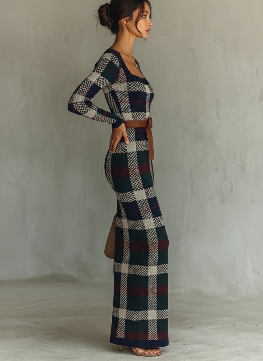 Black Check Knit Belted Square Neck Maxi Dress Women UK – Wedding Guest Garden Party Evening Gown