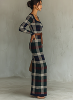 Black Check Knit Belted Square Neck Maxi Dress Women UK – Wedding Guest Garden Party Evening Gown