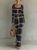 Black Check Knit Belted Square Neck Maxi Dress Women UK – Wedding Guest Garden Party Evening Gown