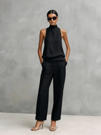 Black Cotton And Linen Trouser Suit Women UK – Sleeveless Top & Trousers Set, Smart Casual Brunch Holiday Outfit