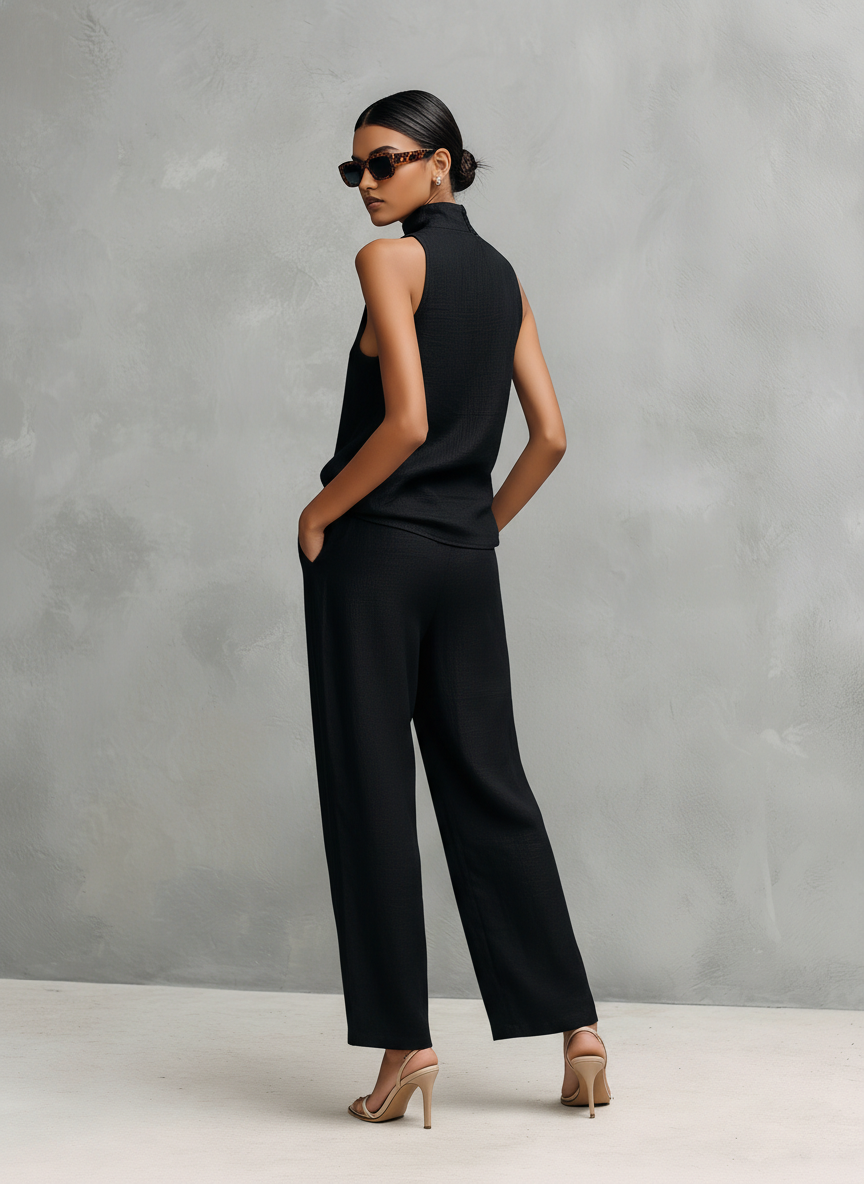 Black Cotton And Linen Trouser Suit Women UK – Sleeveless Top & Trousers Set, Smart Casual Brunch Holiday Outfit