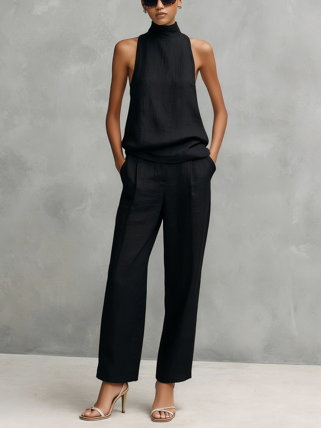 Black Cotton And Linen Trouser Suit Women UK – Sleeveless Top & Trousers Set, Smart Casual Brunch Holiday Outfit