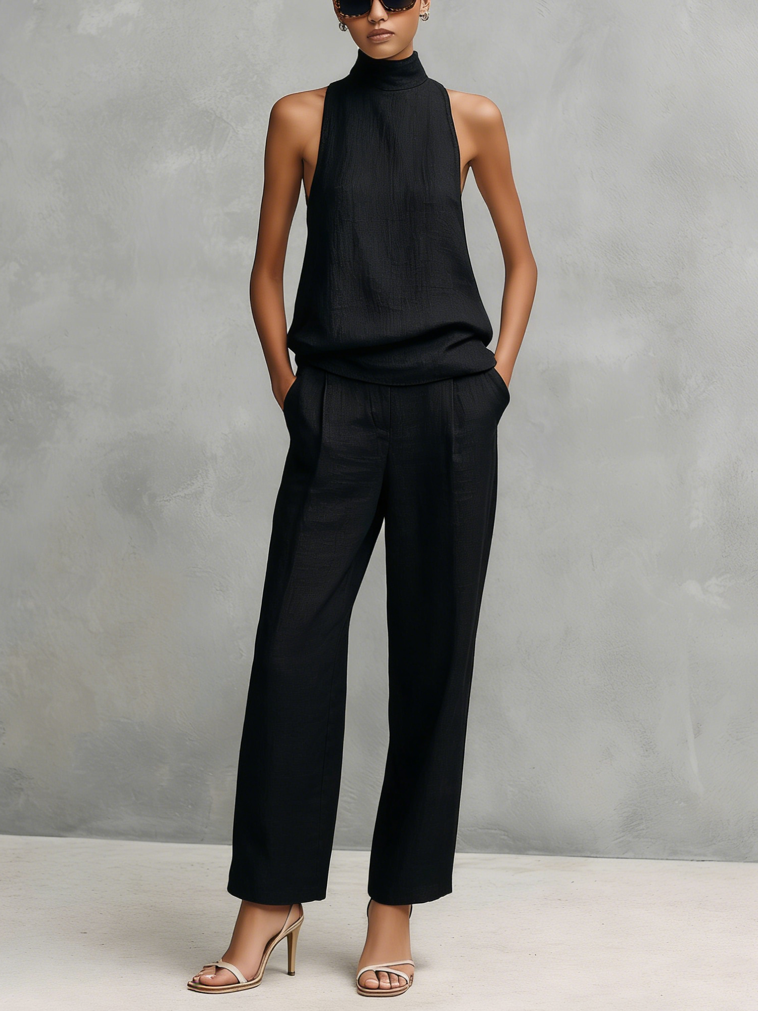 Black Cotton And Linen Trouser Suit Women UK – Sleeveless Top & Trousers Set, Smart Casual Brunch Holiday Outfit