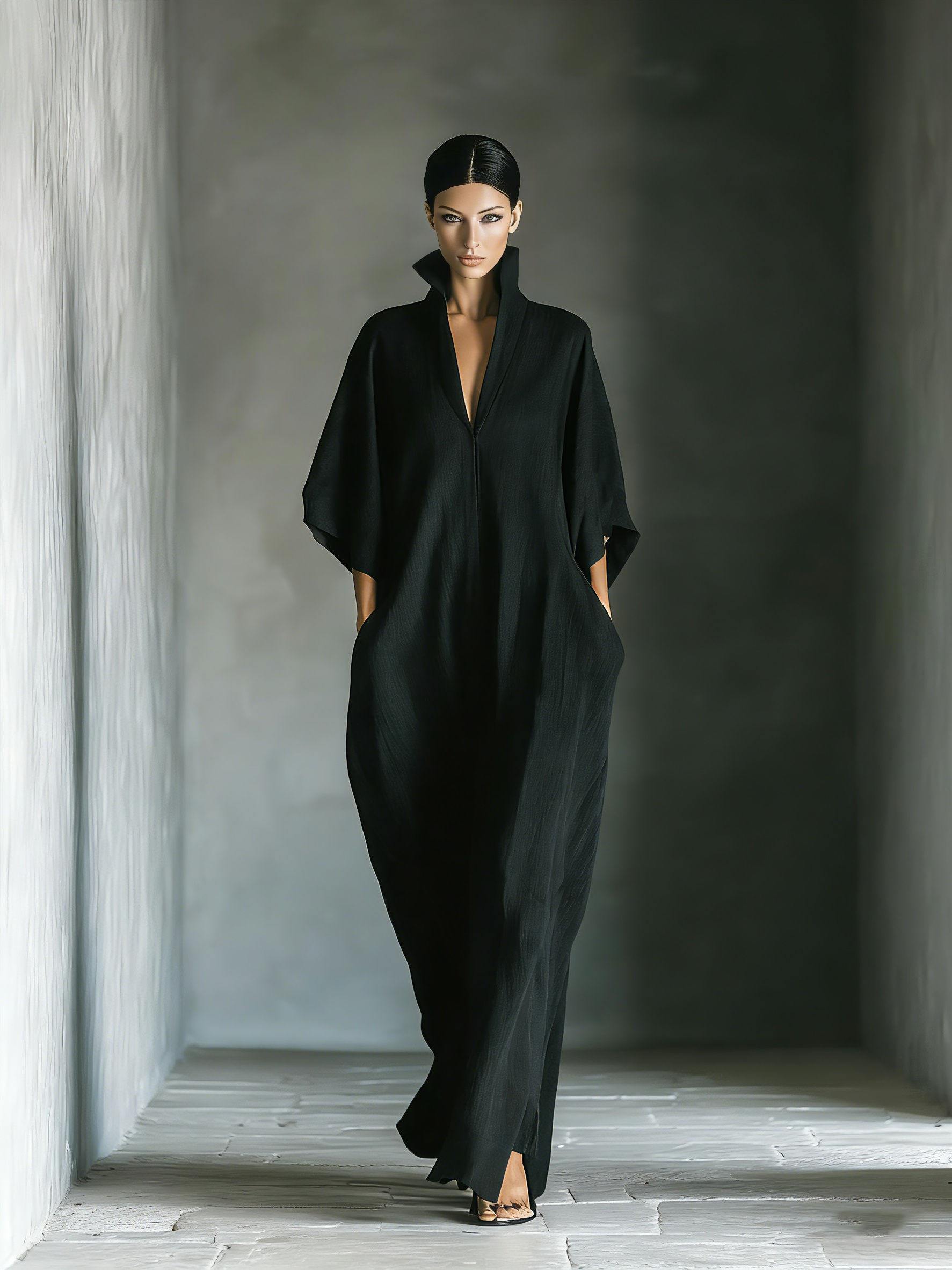 Black Cotton Blend Maxi Dress Women UK – Oversized Kimono-Sleeve Dress with Pockets, Garden Party Evening Gown
