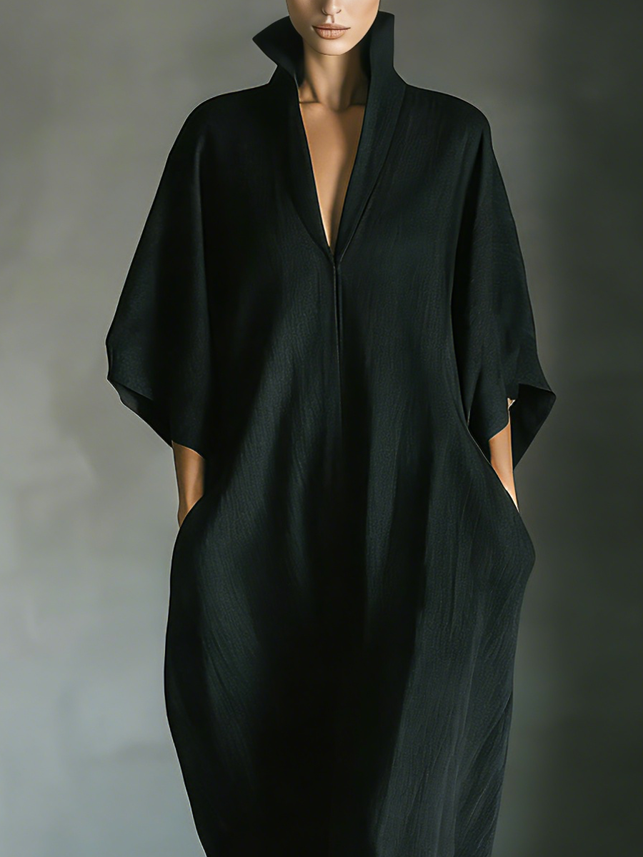 Black Cotton Blend Maxi Dress Women UK – Oversized Kimono-Sleeve Dress with Pockets, Garden Party Evening Gown