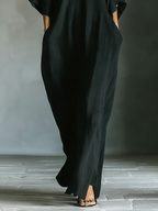 Black Cotton Blend Maxi Dress Women UK – Oversized Kimono-Sleeve Dress with Pockets, Garden Party Evening Gown