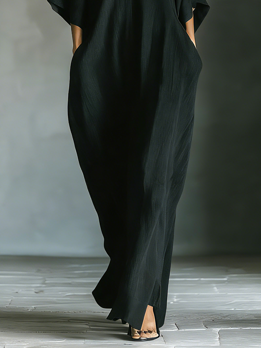 Black Cotton Blend Maxi Dress Women UK – Oversized Kimono-Sleeve Dress with Pockets, Garden Party Evening Gown