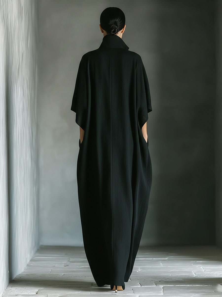 Black Cotton Blend Maxi Dress Women UK – Oversized Kimono-Sleeve Dress with Pockets, Garden Party Evening Gown