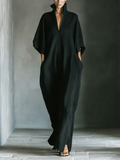 Black Cotton Blend Maxi Dress Women UK – Oversized Kimono-Sleeve Dress with Pockets, Garden Party Evening Gown