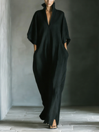 Black Cotton Blend Maxi Dress Women UK – Oversized Kimono-Sleeve Dress with Pockets, Garden Party Evening Gown