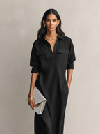 Black Cotton-Linen Blend Midi Dress for Women UK – Short-Sleeved Cocktail Garden Party Evening Gown