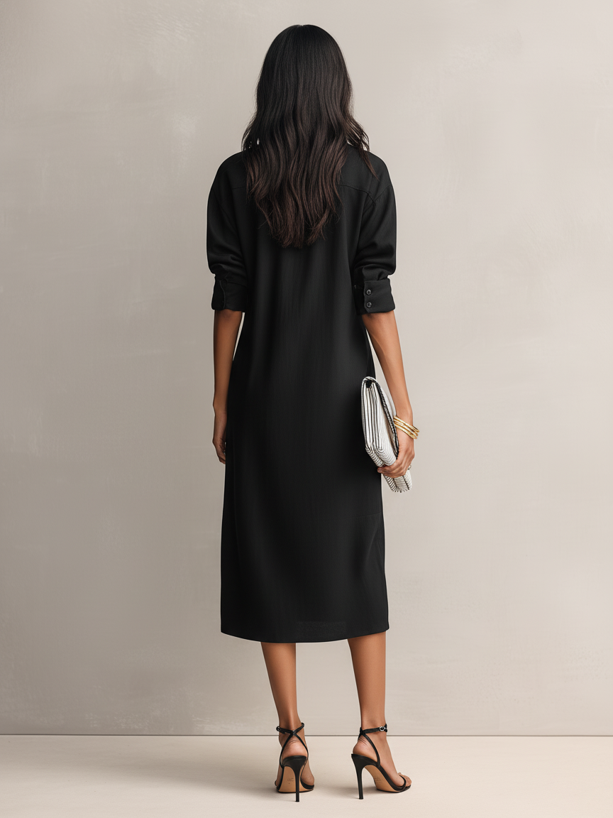 Black Cotton-Linen Blend Midi Dress for Women UK – Short-Sleeved Cocktail Garden Party Evening Gown