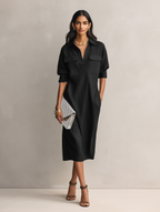 Black Cotton-Linen Blend Midi Dress for Women UK – Short-Sleeved Cocktail Garden Party Evening Gown