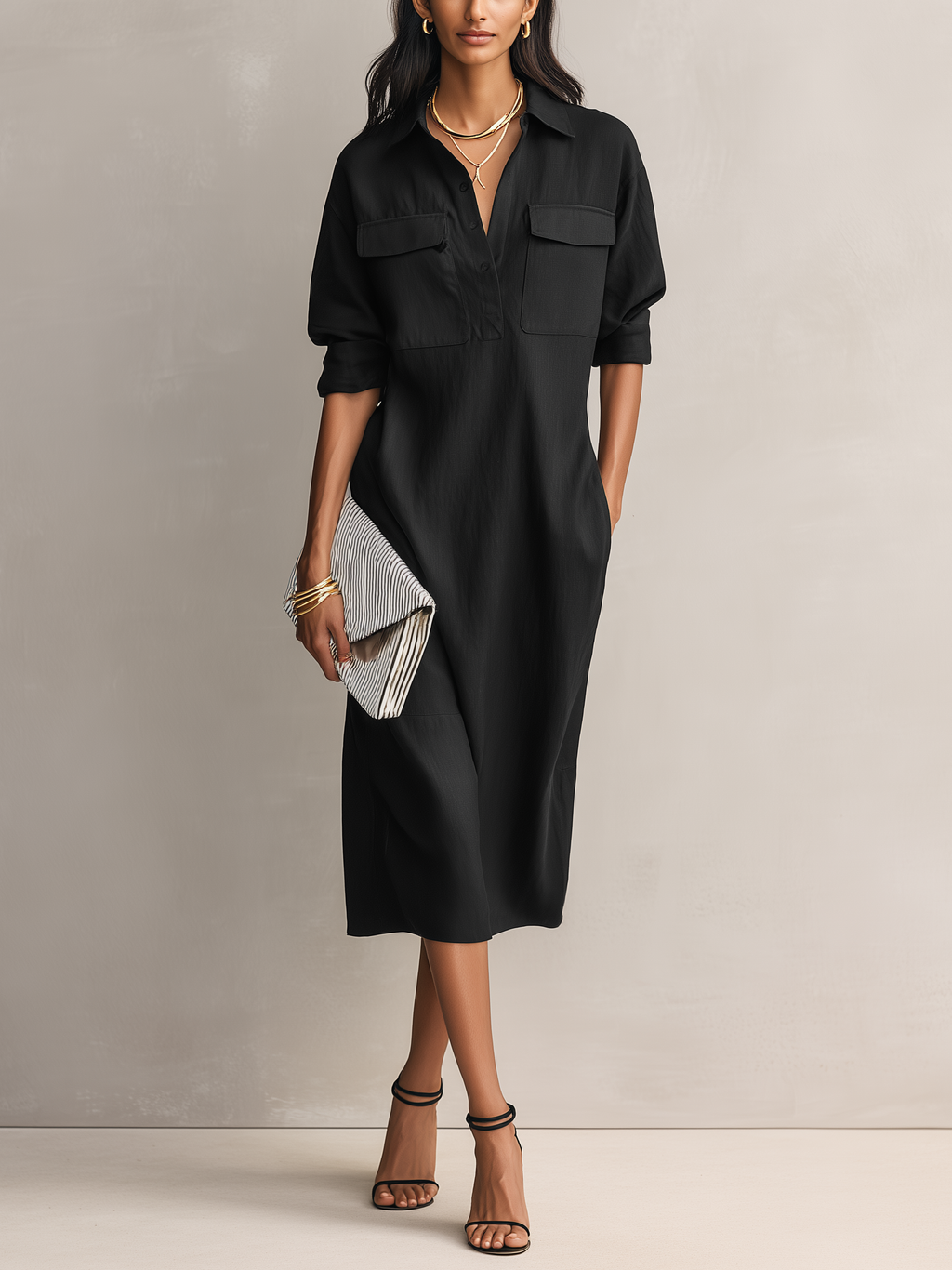 Black Cotton-Linen Blend Midi Dress for Women UK – Short-Sleeved Cocktail Garden Party Evening Gown