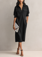 Black Cotton-Linen Blend Midi Dress for Women UK – Short-Sleeved Cocktail Garden Party Evening Gown
