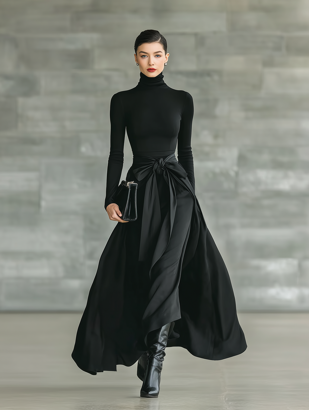 Black High-Neck High-Stretch Knitted and Satin Flared Maxi Dress Women UK – Wedding Guest Garden Party Evening Gown