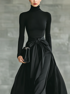 Black High-Neck High-Stretch Knitted and Satin Flared Maxi Dress Women UK – Wedding Guest Garden Party Evening Gown