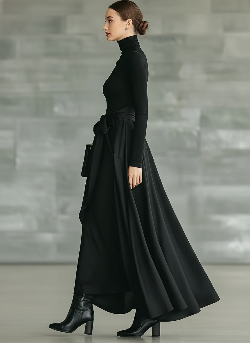 Black High-Neck High-Stretch Knitted and Satin Flared Maxi Dress Women UK – Wedding Guest Garden Party Evening Gown