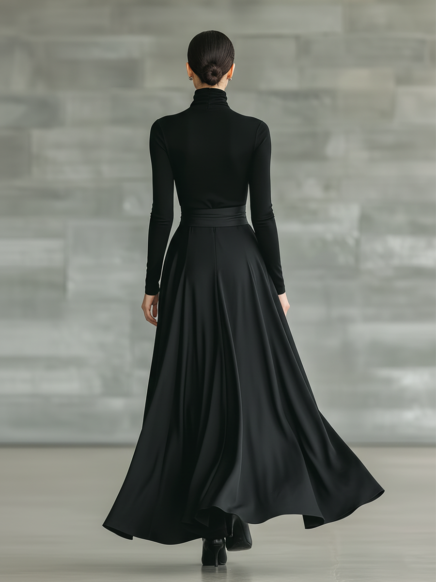 Black High-Neck High-Stretch Knitted and Satin Flared Maxi Dress Women UK – Wedding Guest Garden Party Evening Gown