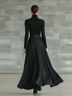 Black High-Neck High-Stretch Knitted and Satin Flared Maxi Dress Women UK – Wedding Guest Garden Party Evening Gown