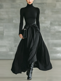 Black High-Neck High-Stretch Knitted and Satin Flared Maxi Dress Women UK – Wedding Guest Garden Party Evening Gown