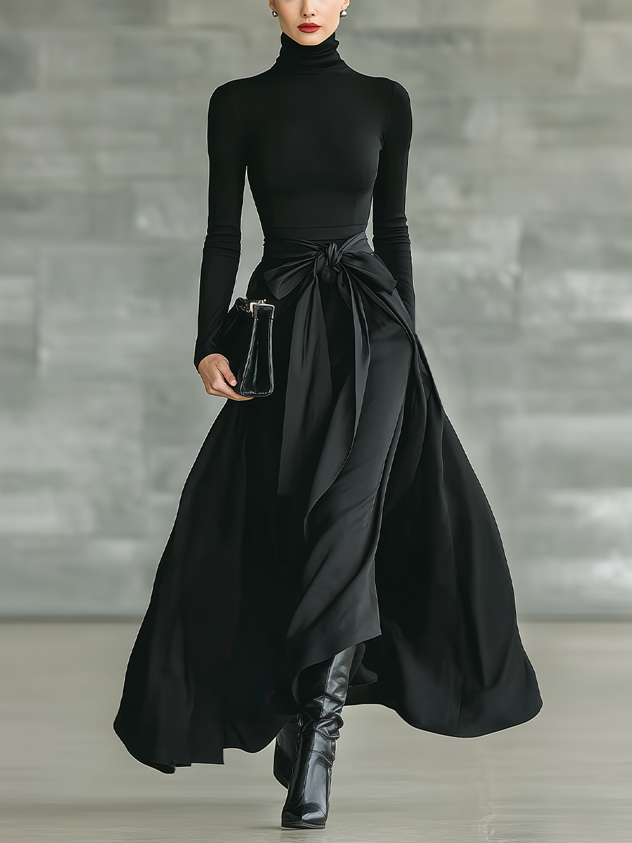 Black High-Neck High-Stretch Knitted and Satin Flared Maxi Dress Women UK – Wedding Guest Garden Party Evening Gown